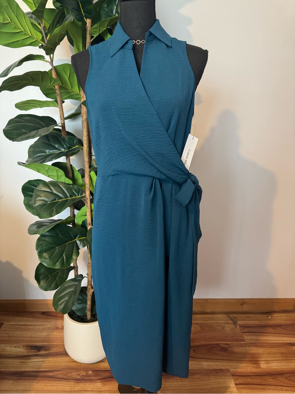 Calvin Klein Sleeveless Teal Wrap Midi Dress with Collar